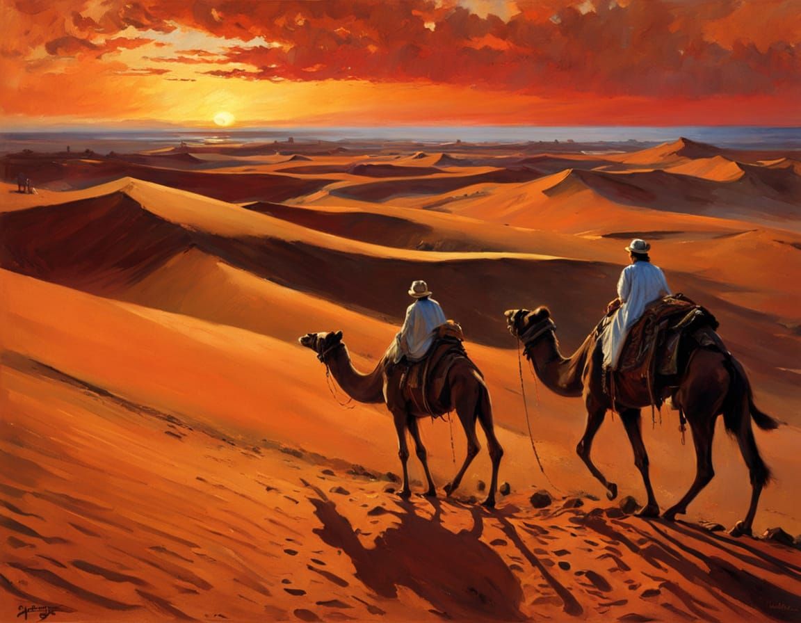 Surreal Red Dunes at Sunset Masterpiece in Pictorial Style