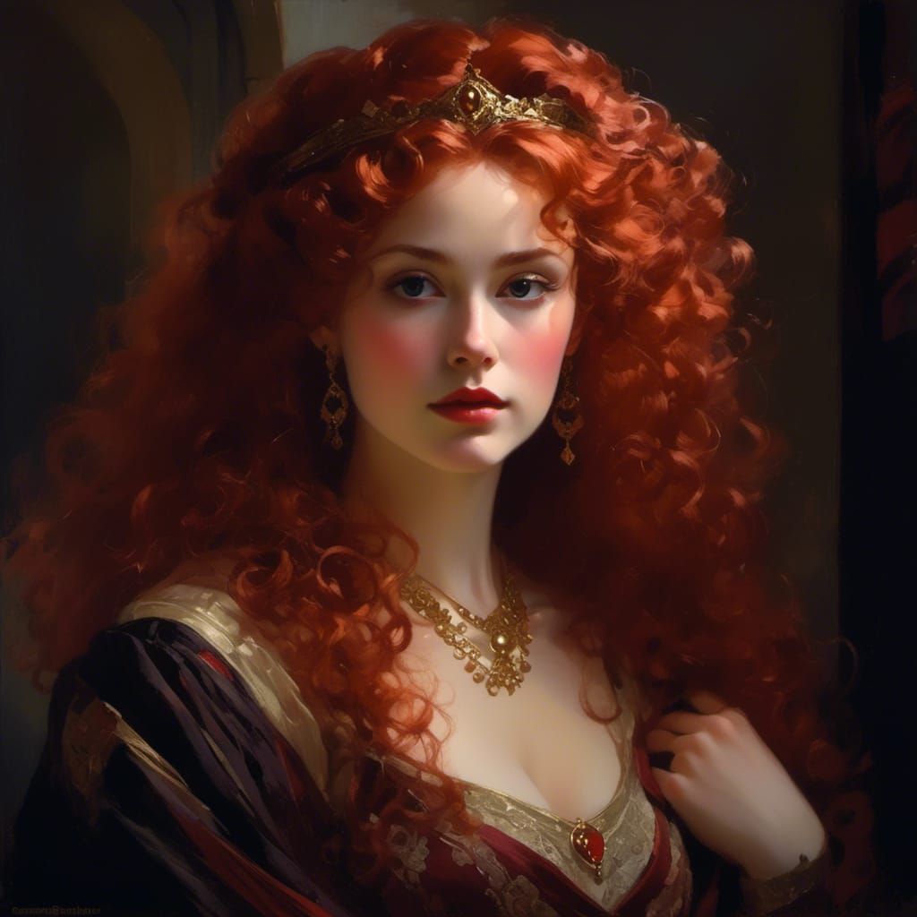 Pale Red-Haired Queen in Victorian Finery