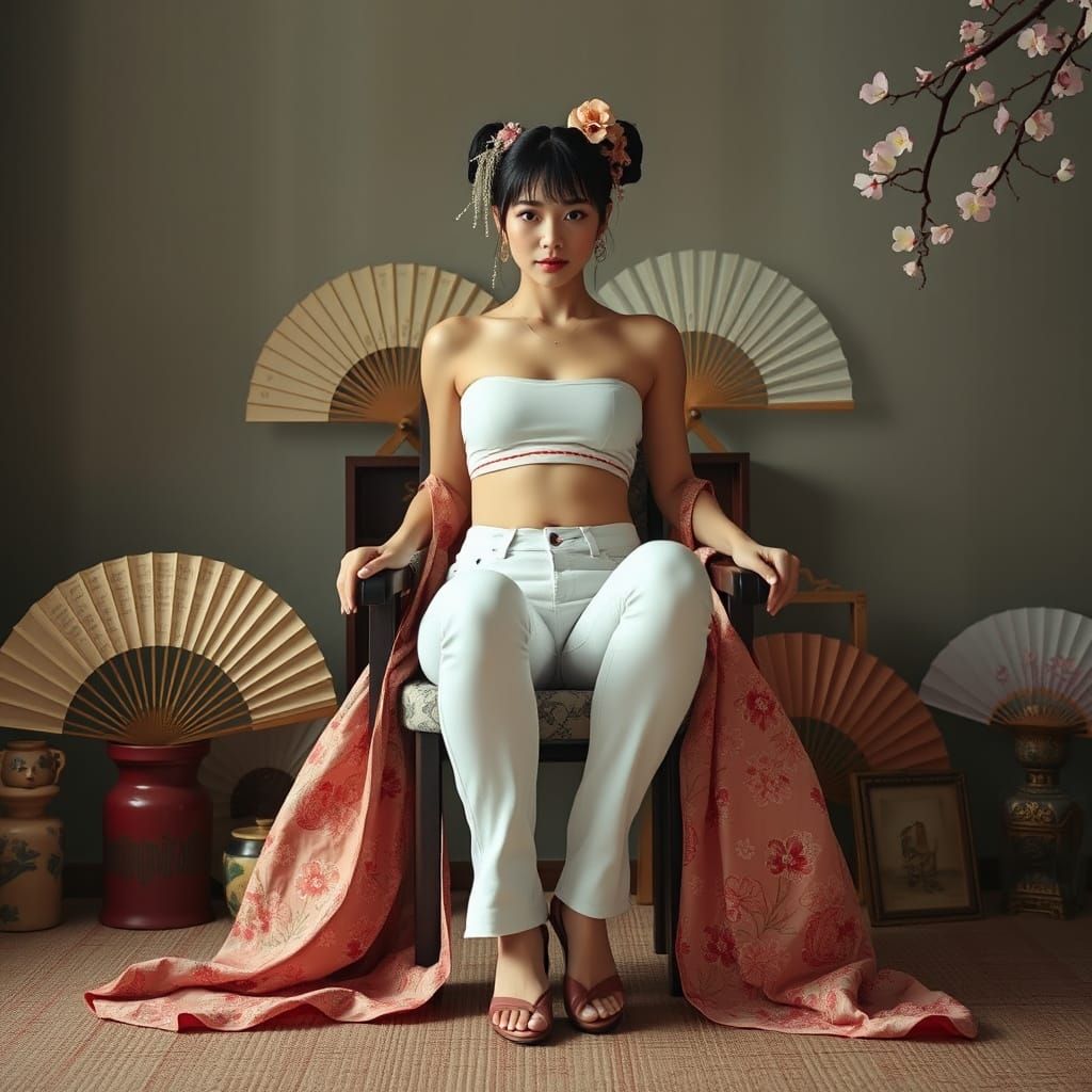 Geisha in Jeans with Japanese Cherry Blossoms