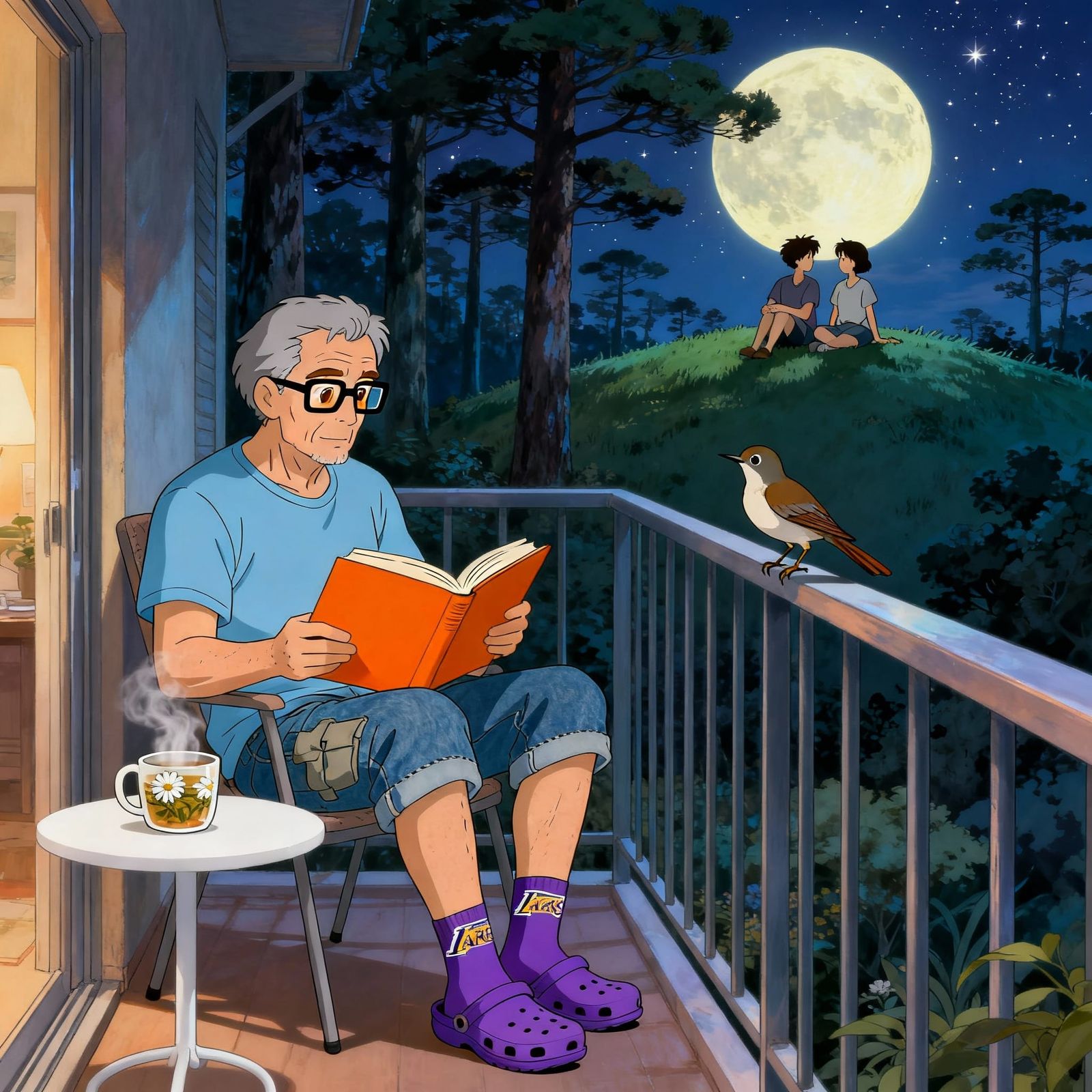 Man Reading on Balcony Overlooking Starry Landscape