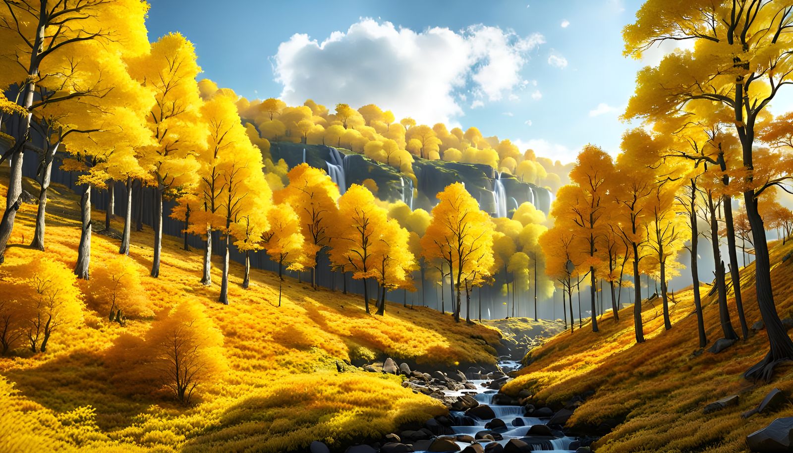 Yellow Autumn Forest: Hyperrealistic Watercolor Landscape