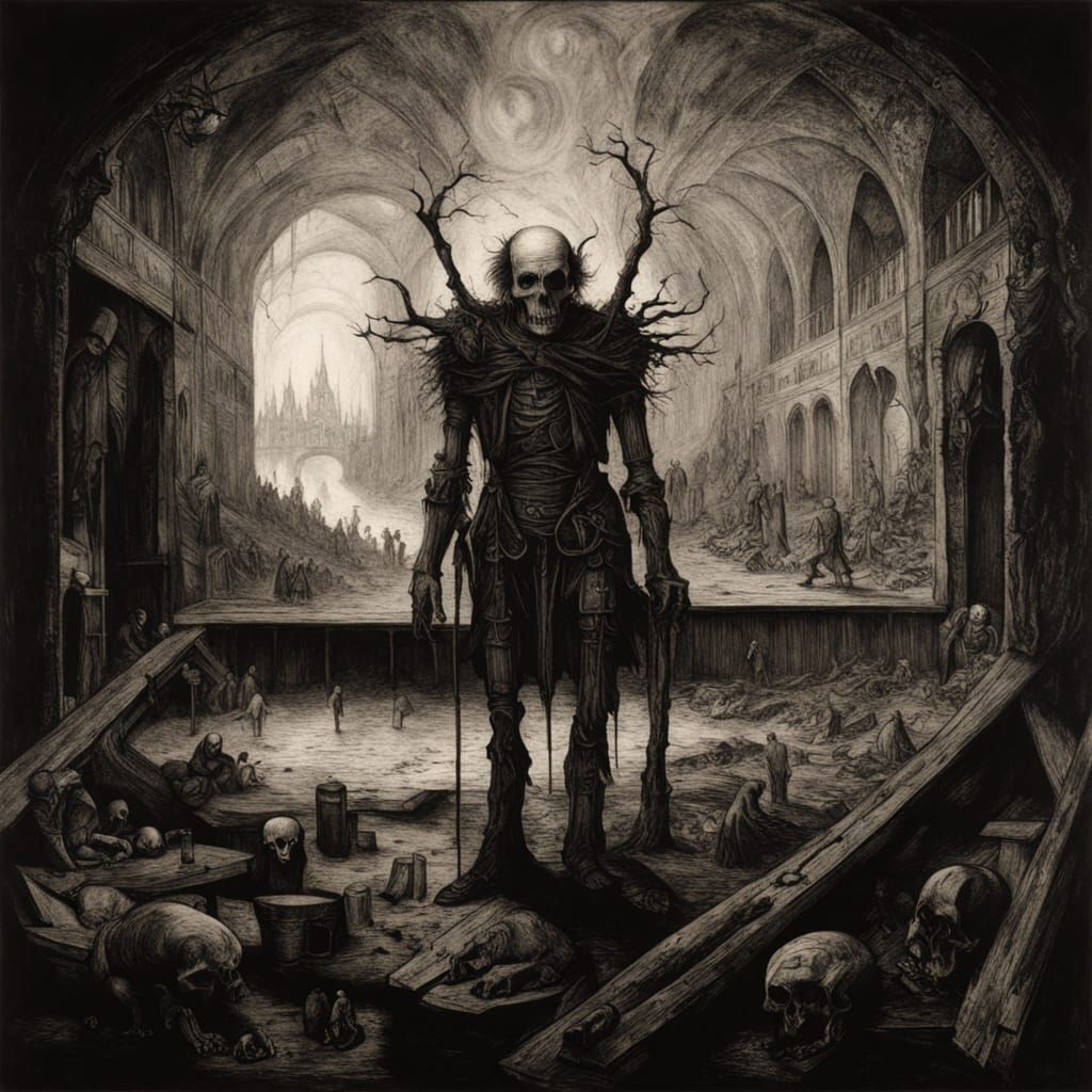 Primitive Woodcut-Inspired Post-Apocalyptic Scene in Distres...