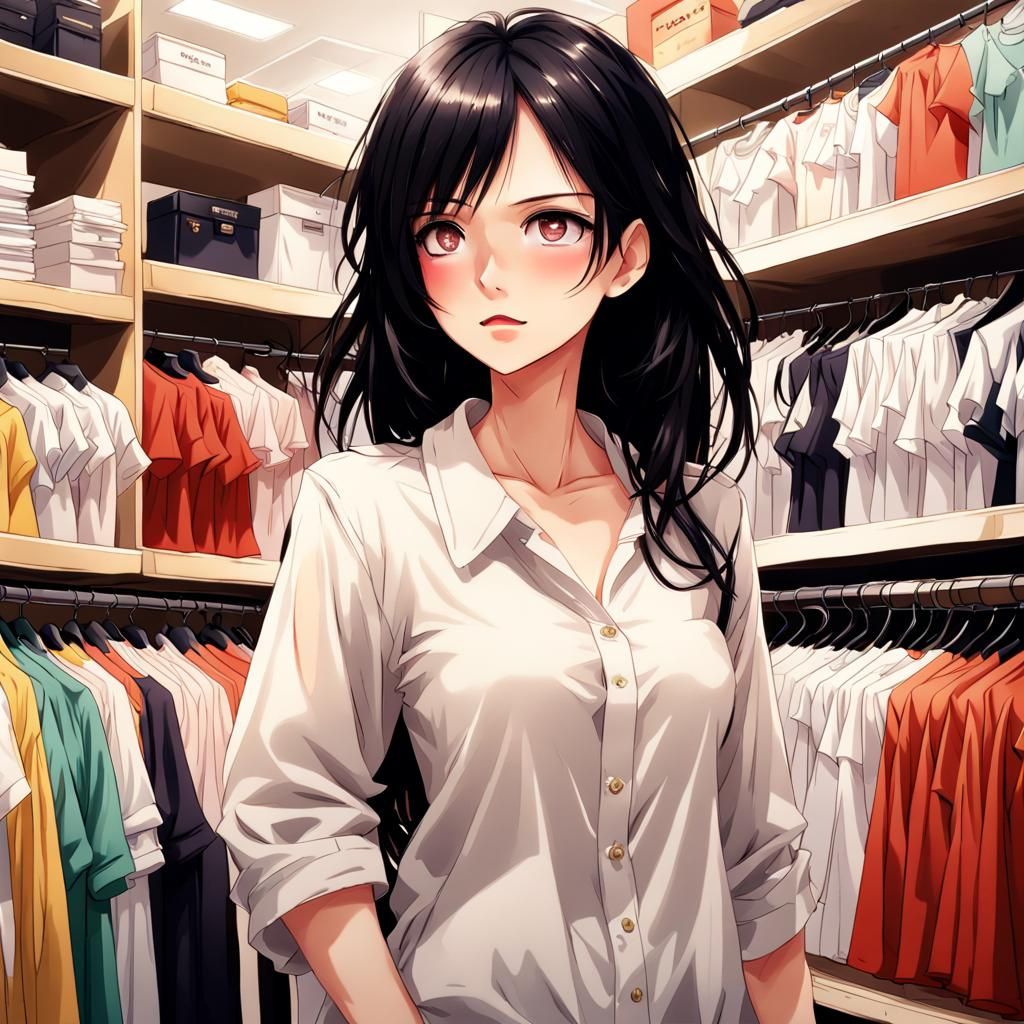 Anime Style Woman Working in Clothing Store