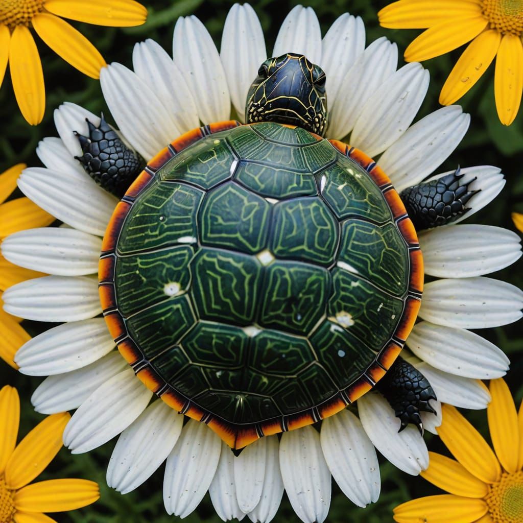 Microscopic turtle on a daisy macro photograph