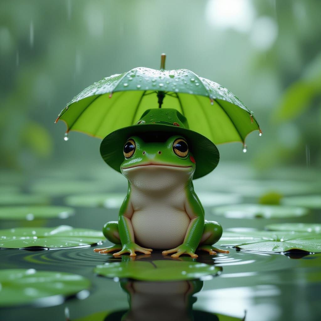 Green Frog with Leaf Umbrella in Rainy Pond