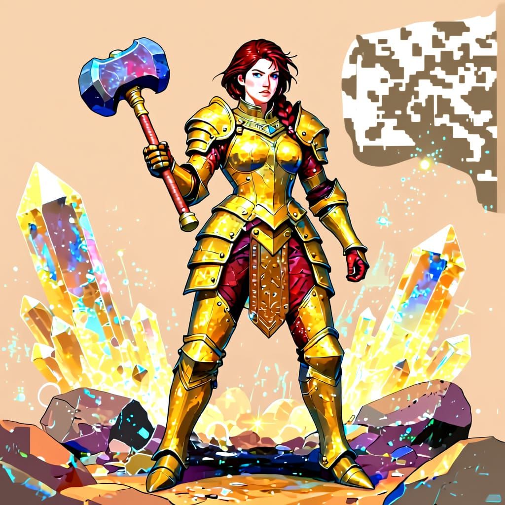 Woman Warrior in Armor Holding War Hammer