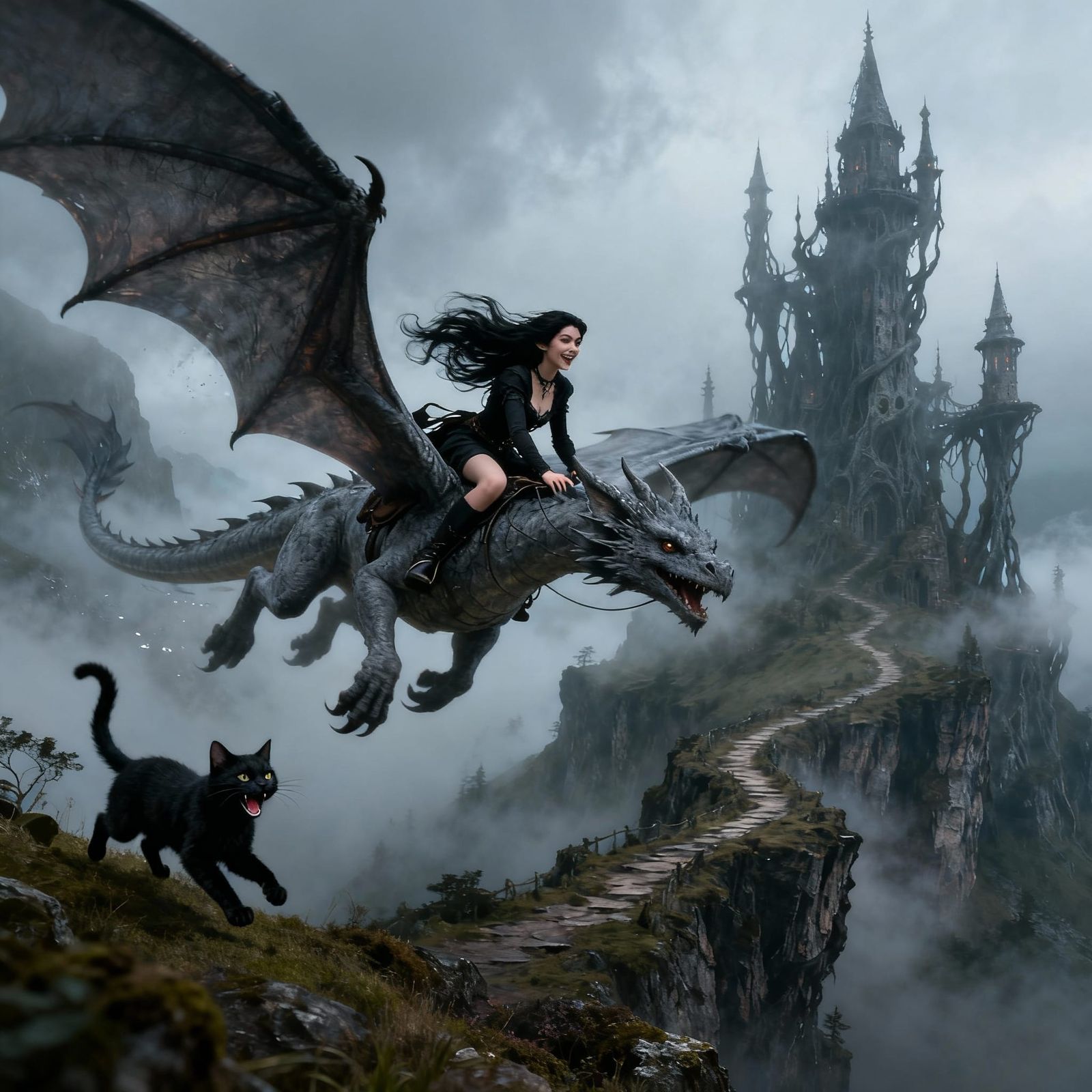 Woman Riding Dragon Over Foggy Highlands in Fantasy Art Styl...