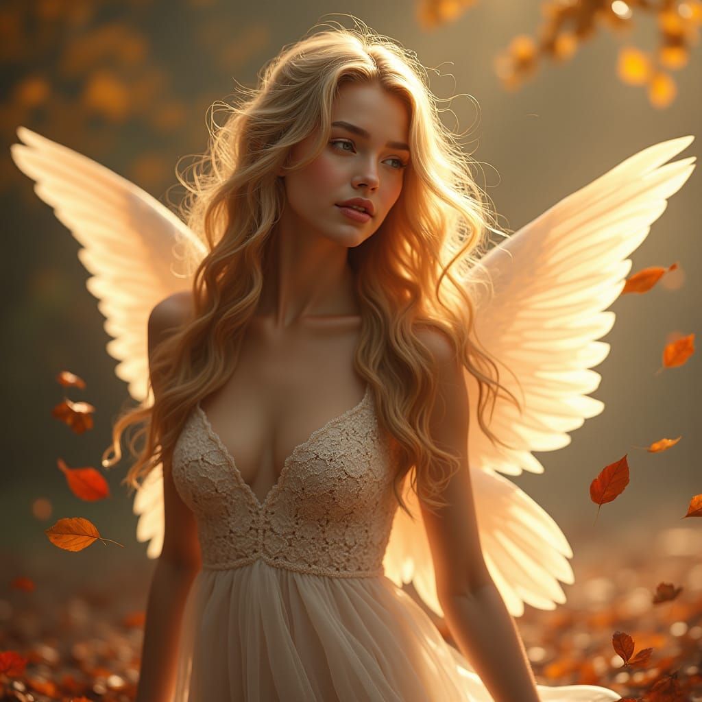 Photorealistic Angel in Autumn Breeze with Golden Hair