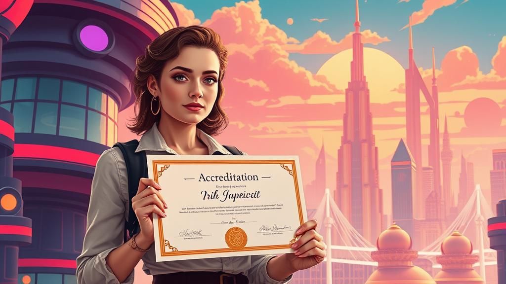 Woman Celebrates Accreditation in Retrofuturistic Cityscape