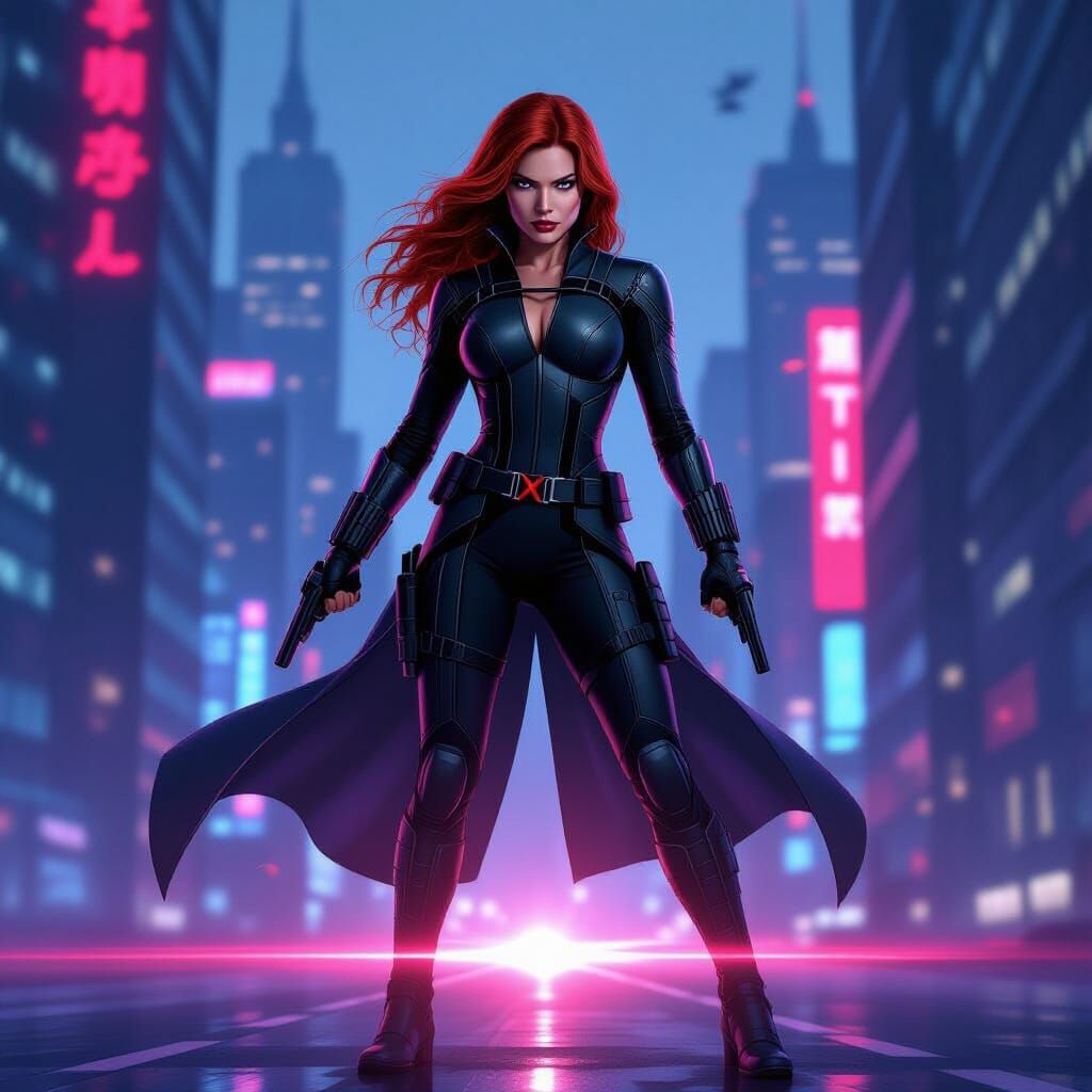 Black Widow in Futuristic Cityscape Comic Art