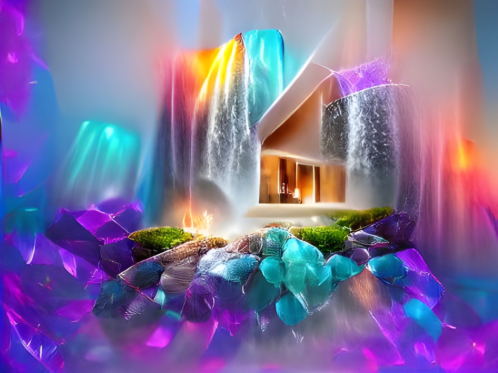 Gemstone Waterfall in Modern House with Crystals