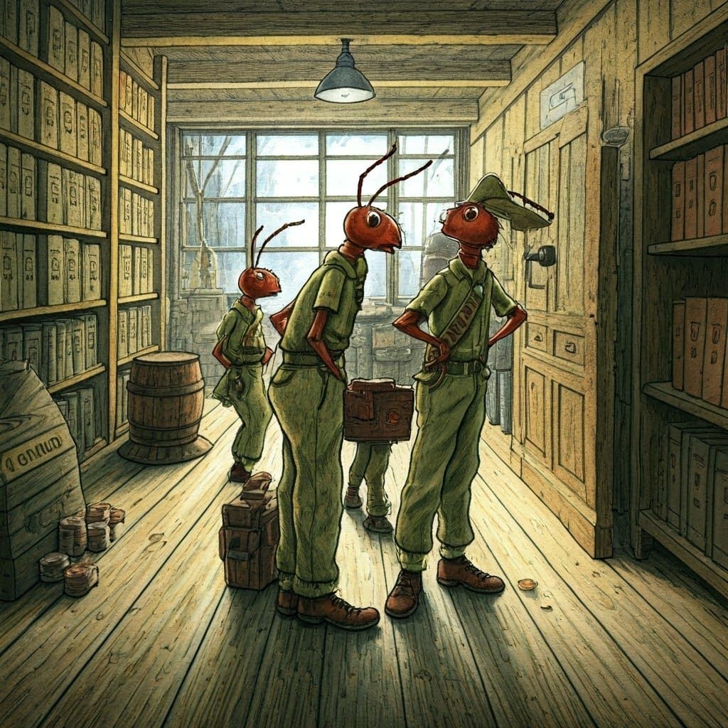 Watercolour Illustration of Ants in Khaki Attire