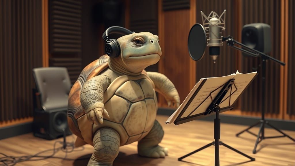 Anthropomorphic Turtle Sings in Recording Studio