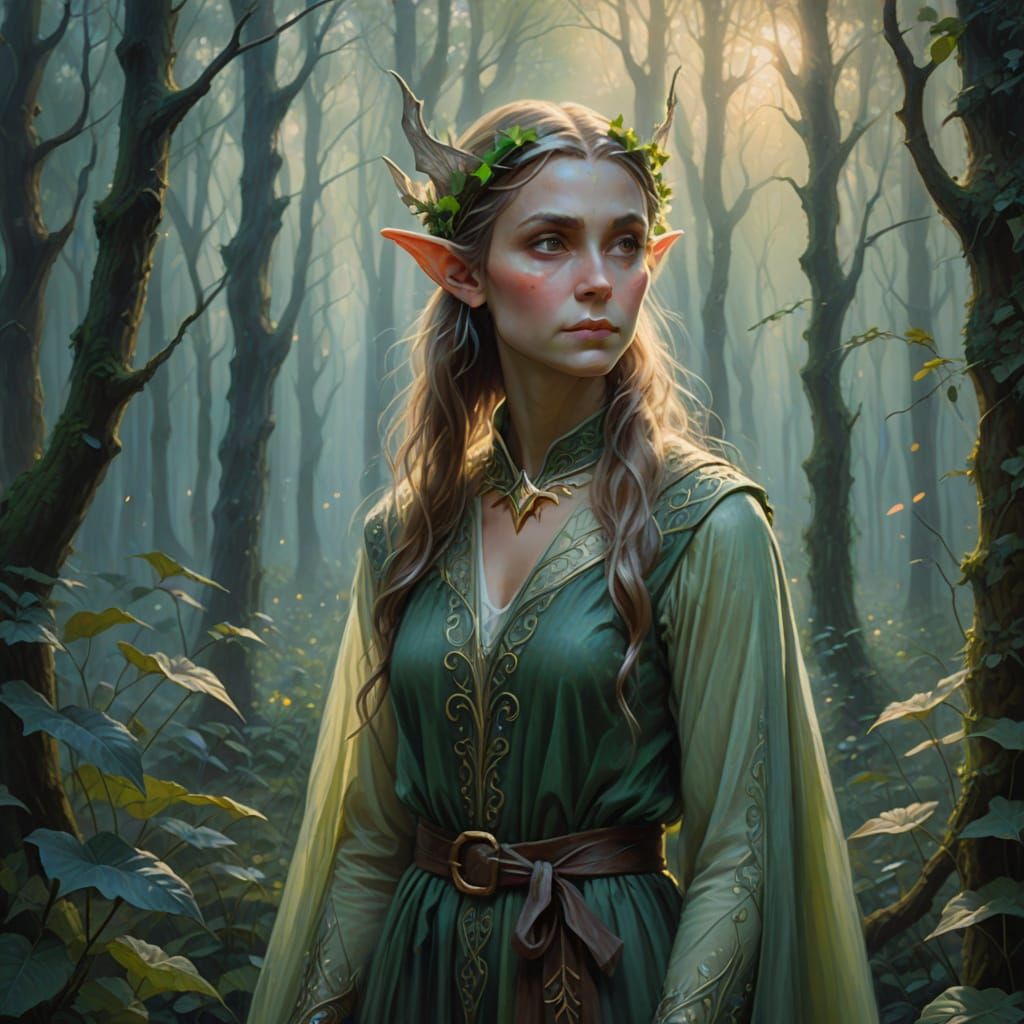 Ethereal Elf in Misty Forest - Impressionistic Oil Painting