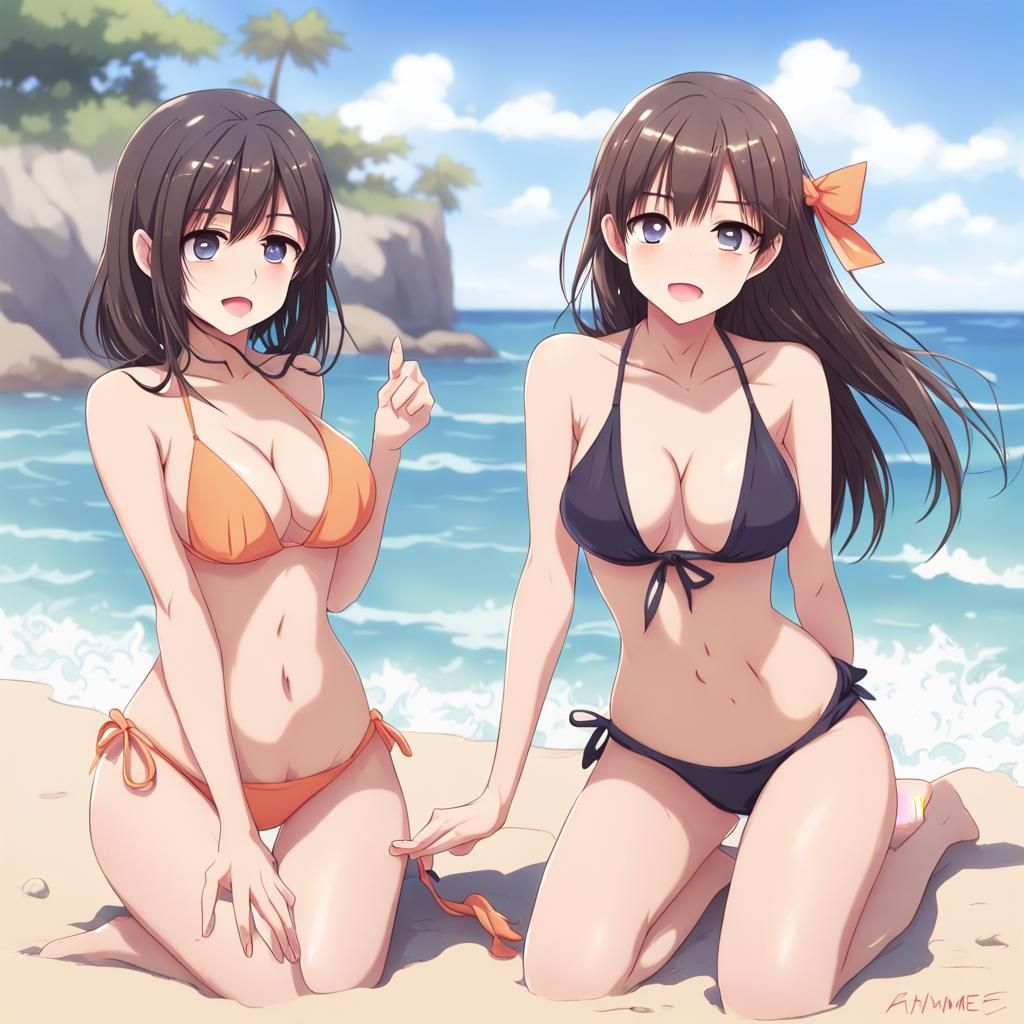 Anime Girls Enjoying Beach in Manga Style
