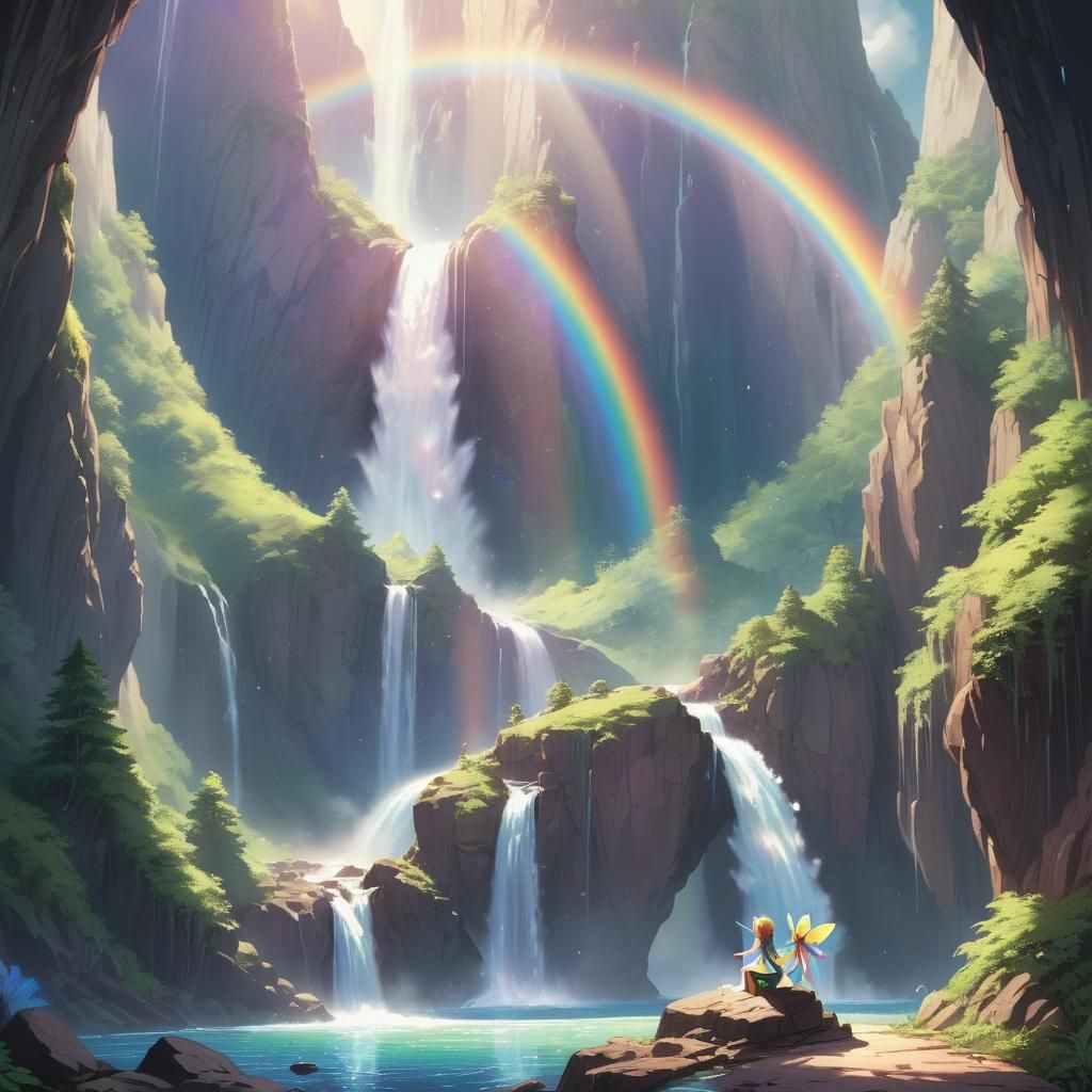 Magical Waterfall with Fairy in Anime Style