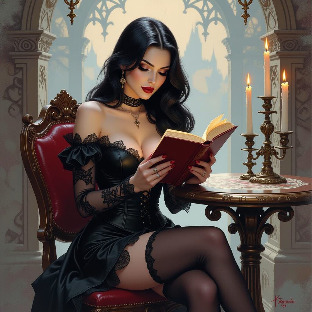 Gothic Woman Reading by Candlelight in Oil Painting Style
