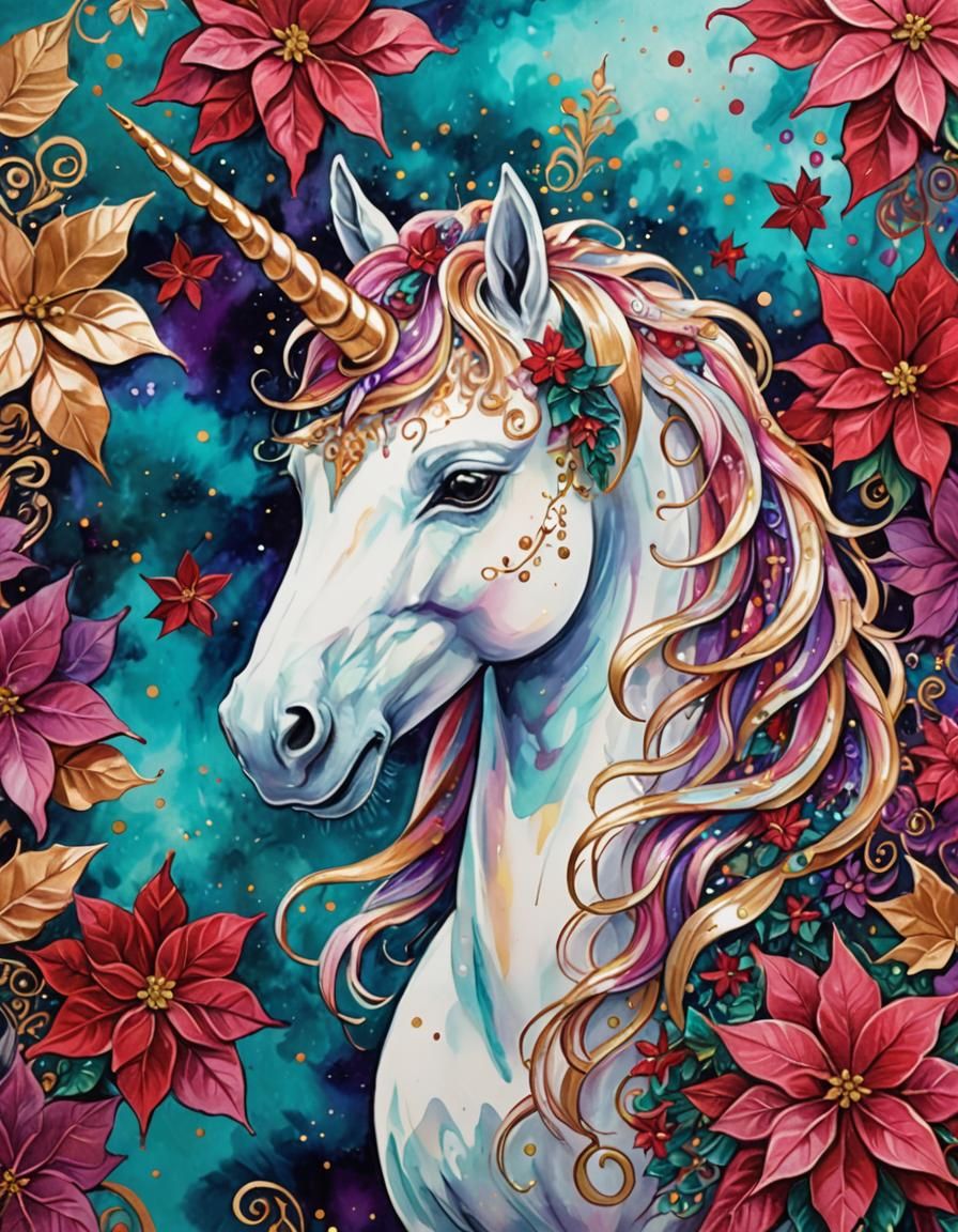 Unicorn in Whimsical Acrylic Ink Poinsettia Garden