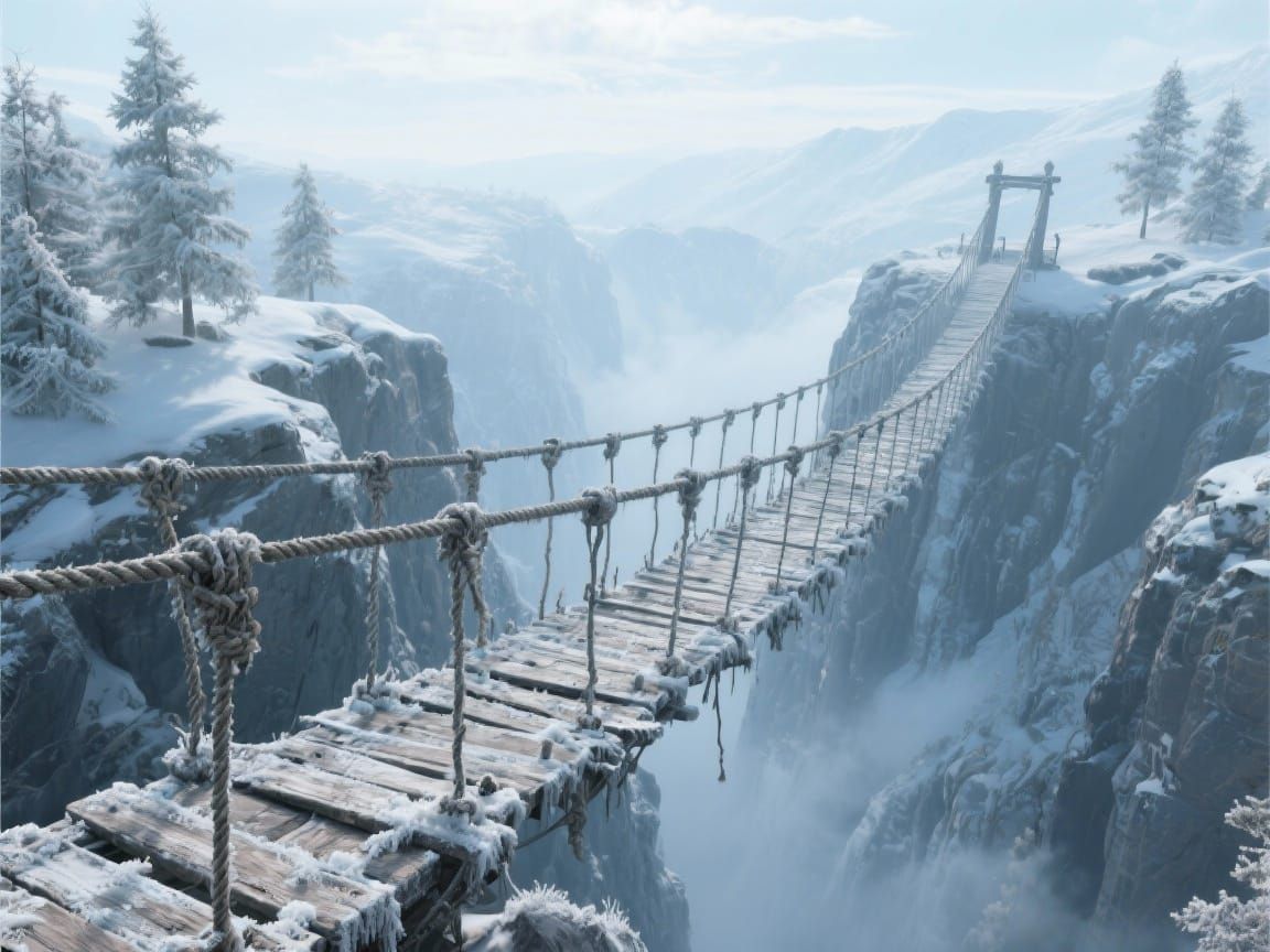 Ancient Wooden Bridge Over Icy Chasm in Photorealistic Style
