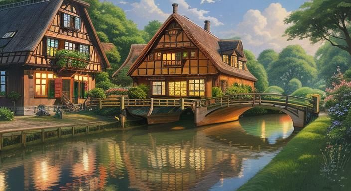 Ghibli-Style Timber-Frame House Over Canal