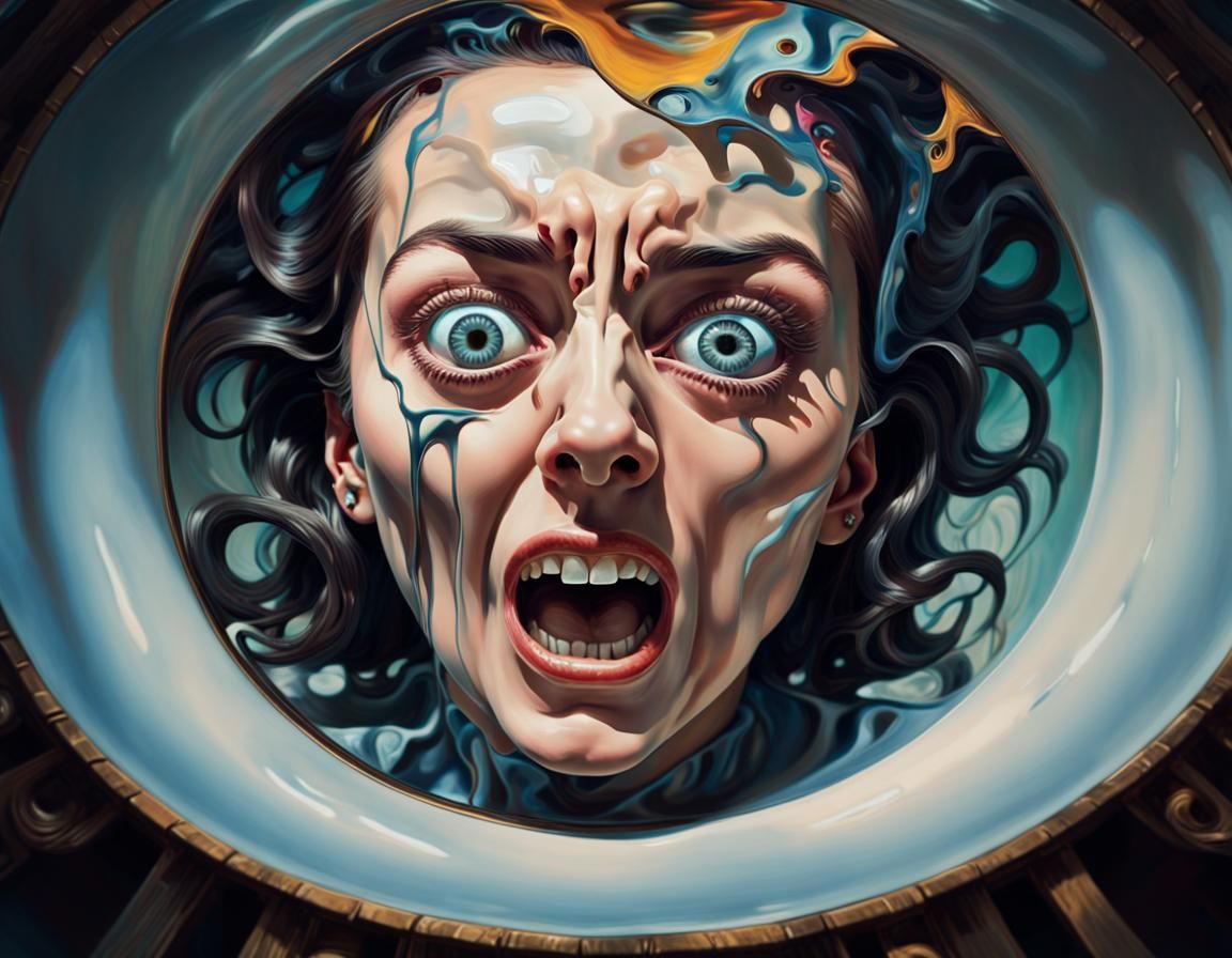 Surrealist Portrait: Woman's Scream in a Warped Reality
