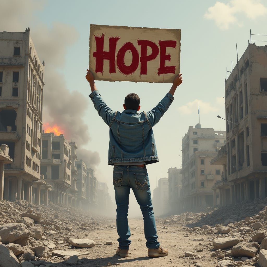 Defiant Protester in War-Torn Cityscape