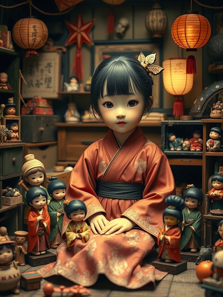 Japanese Girl Surrounded by Kokeshi Dolls in a Whimsical Pla...