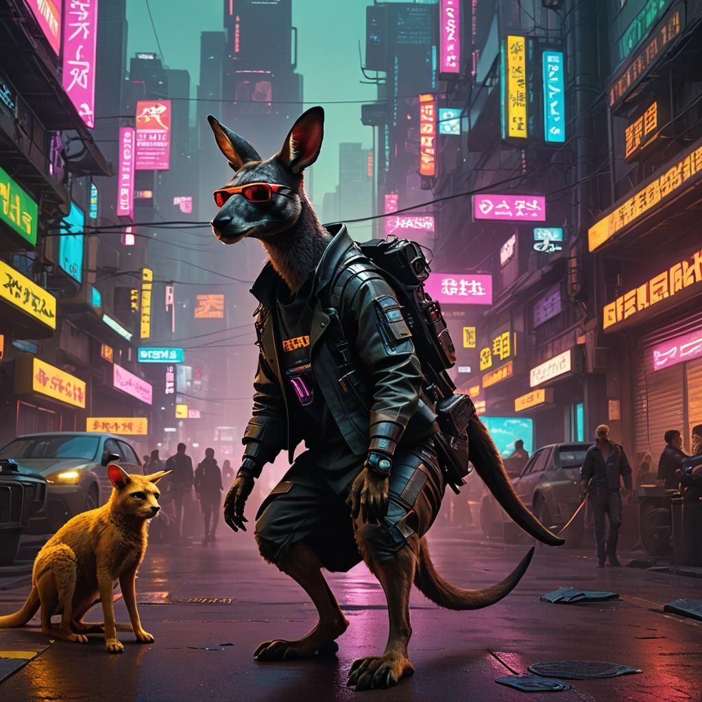 Cyberpunk Kangaroo Rescues Animals in Neon City
