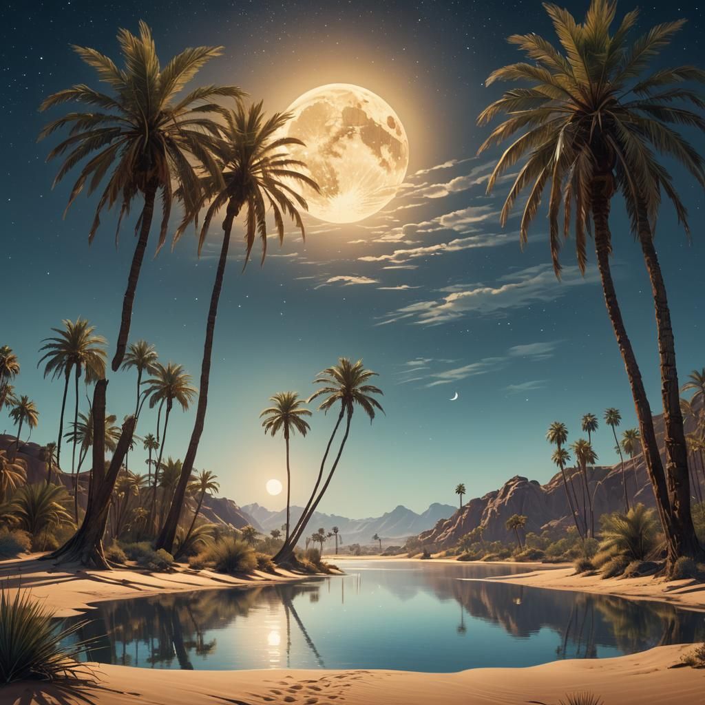 Moonlit Desert Oasis Digital Painting