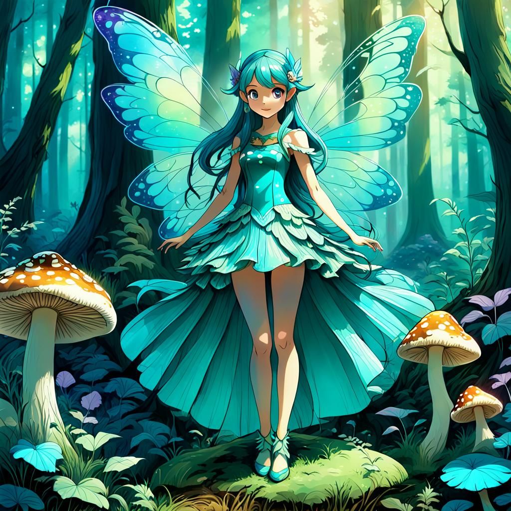 Turquoise Fairy in Forest, Anime Art