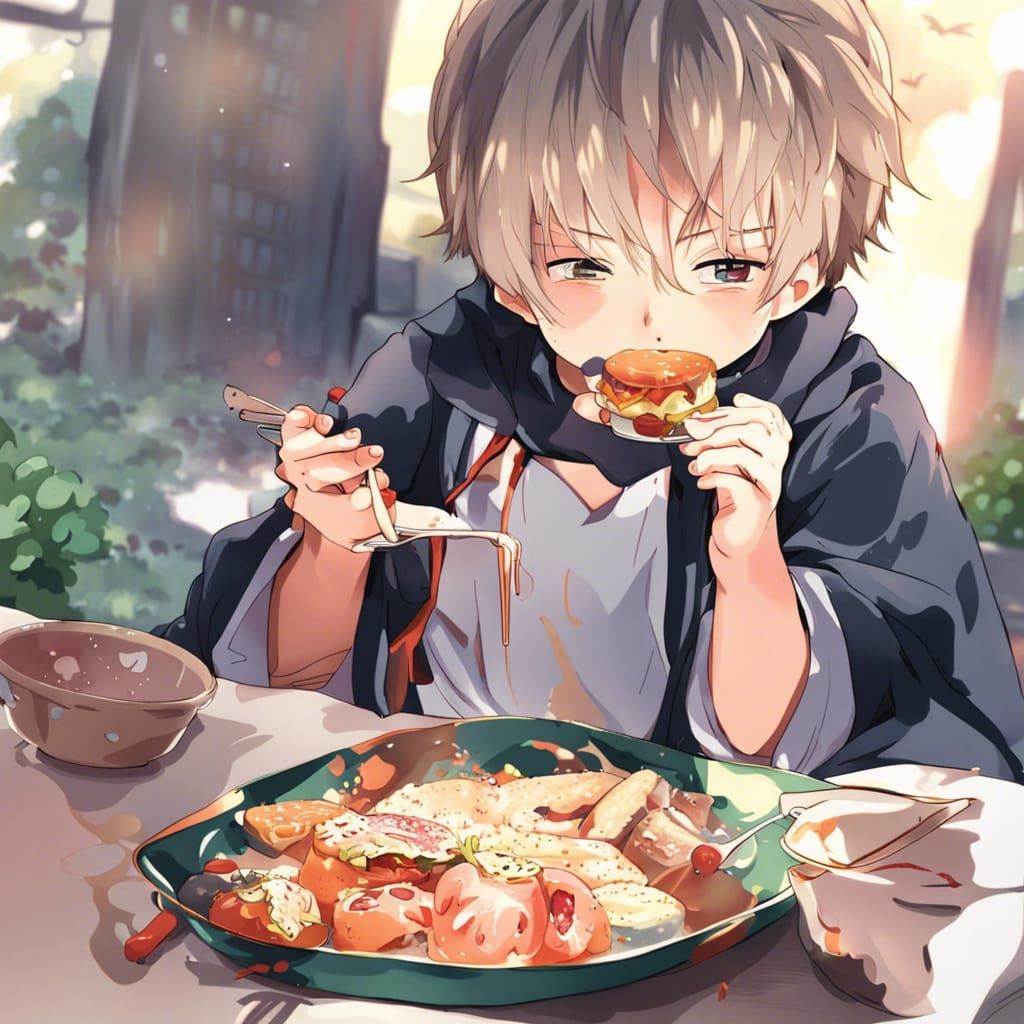 Boy Eating Food in Anime Style