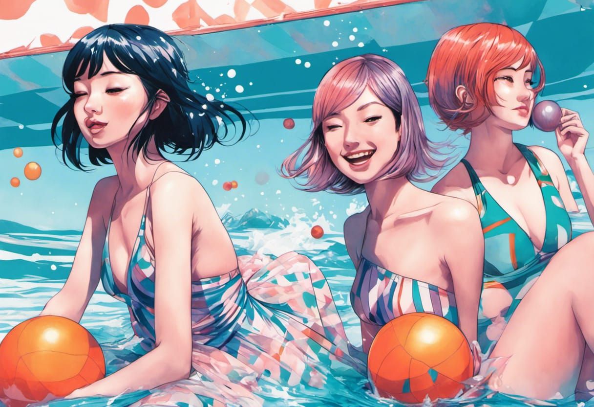 Friends Playing in Pool in Manga Style