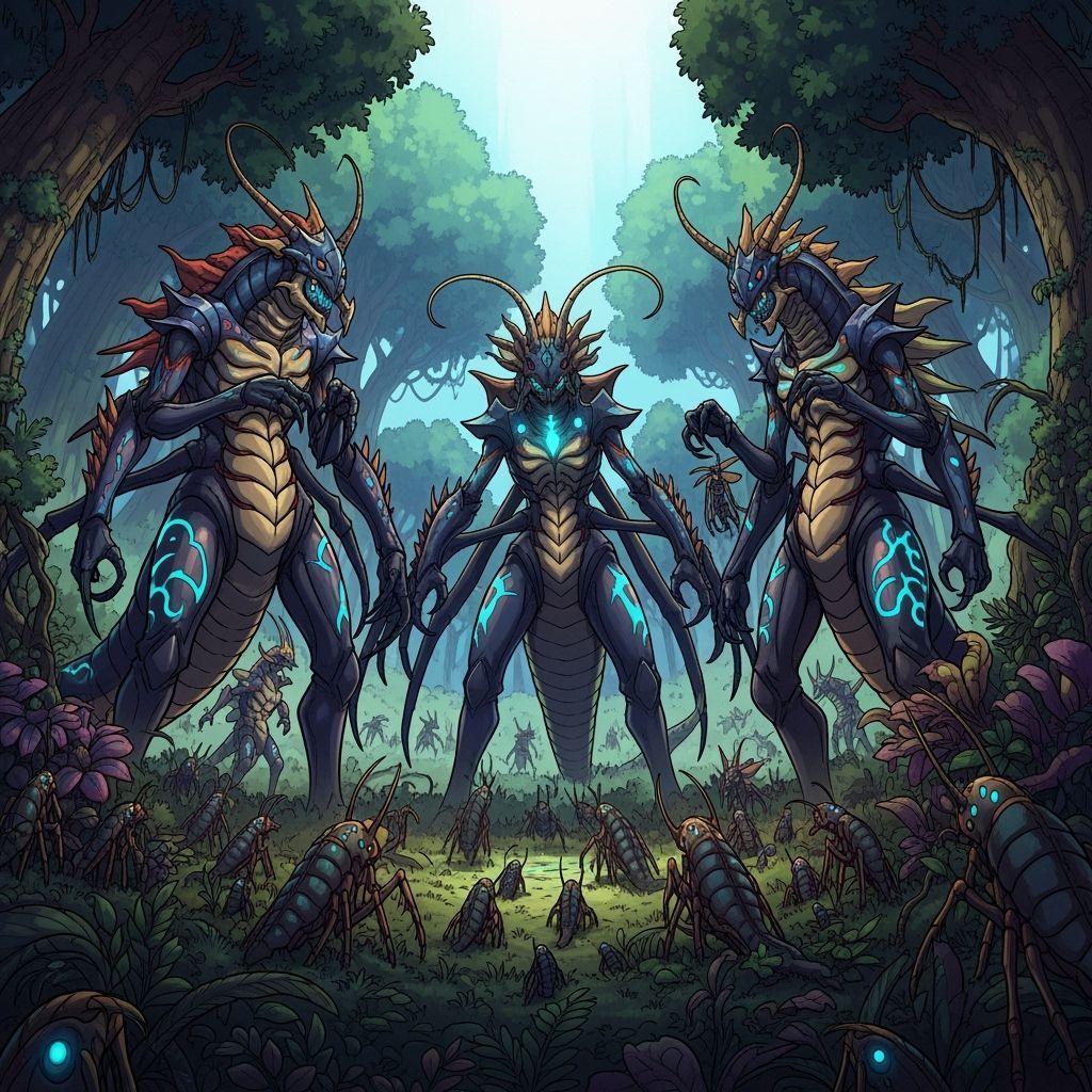 Giant Insectoid Kaiju Kings and Queens in Lush Forest