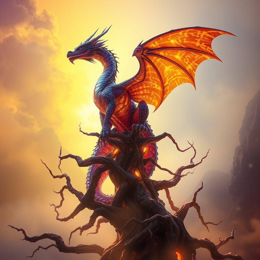 Ethereal Dragon Perched Amidst Twisted Tree Roots