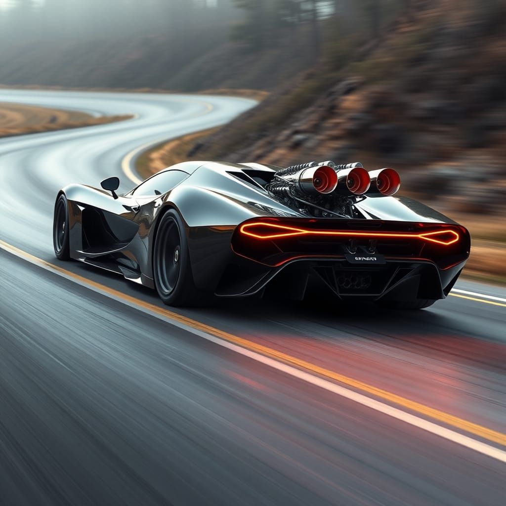 Futuristic Supercar Speeding Down Road in Syd Mead Style