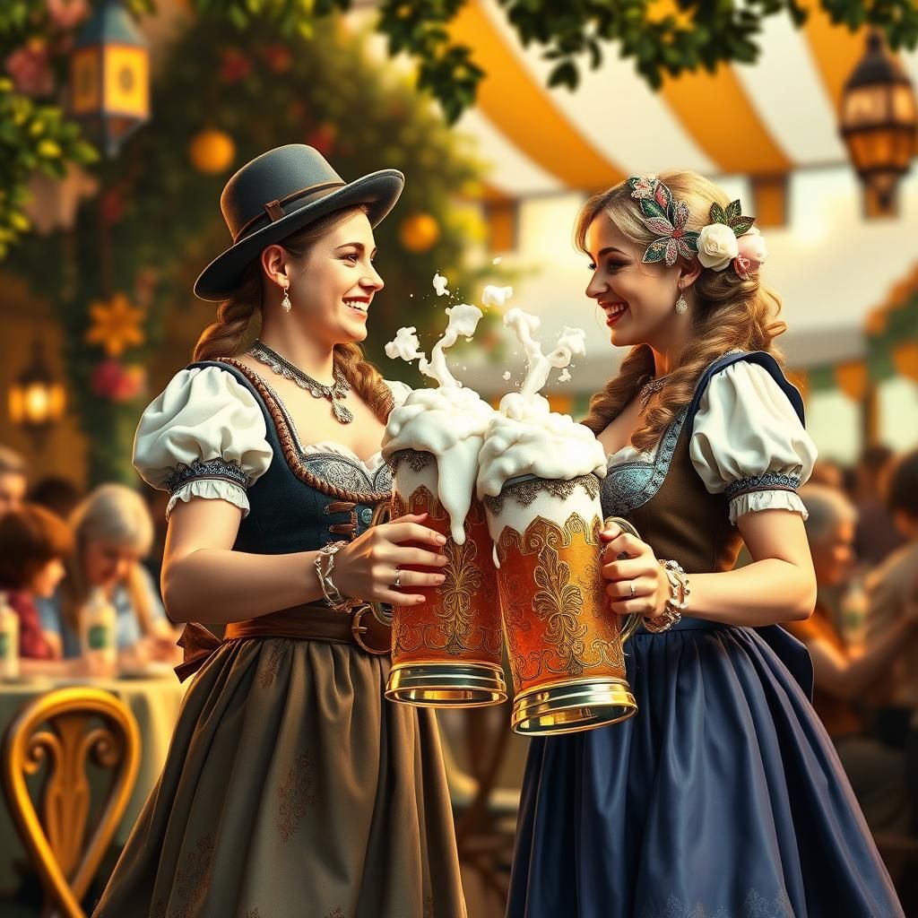 Oktoberfest Joy: German Couple Toasting Gemstone Beer Steins