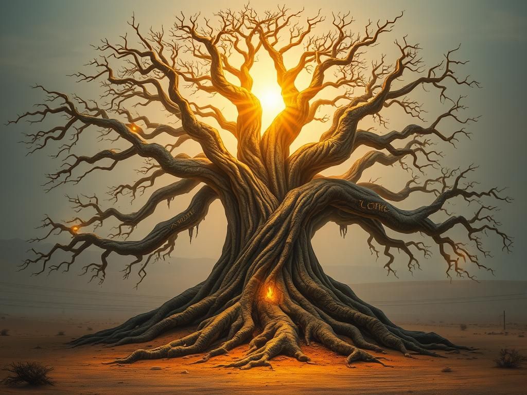 Mystical Desert Tree with Glowing Runes