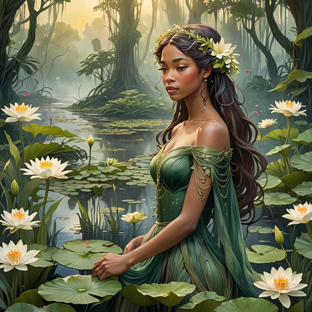 Art Nouveau panel of Tiana. Lilies, Lily pads, other swamp flowers.