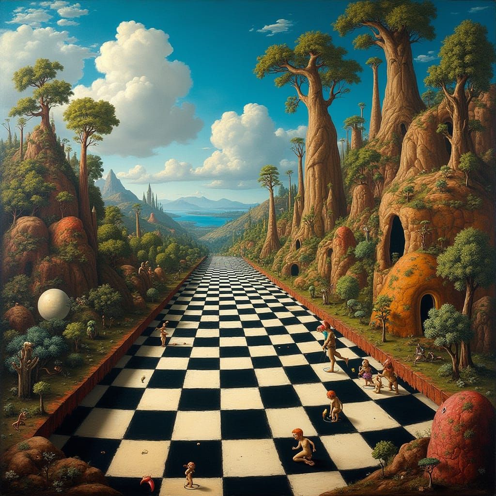 Fantastical Hieronymus Bosch-Inspired Landscape with Chessbo...