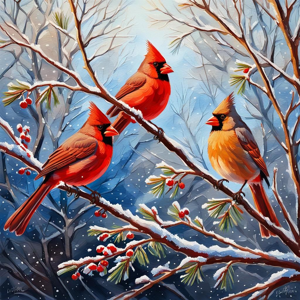Cardinals on Frosty Branches in Gouache Style