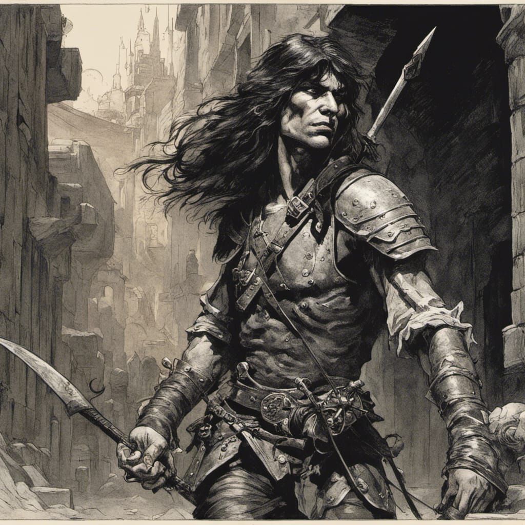 Half-Elf Rogue in City Alley, Frazetta Style