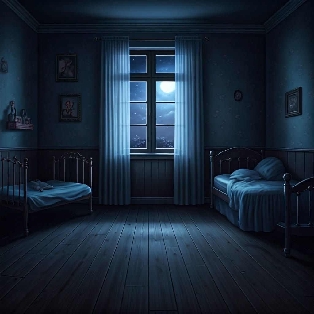 Empty Girl's Room at Night: Semi-Realistic Painting
