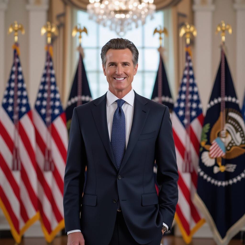 President Gavin Newsom Surrounded by Flags in Rockwell Style