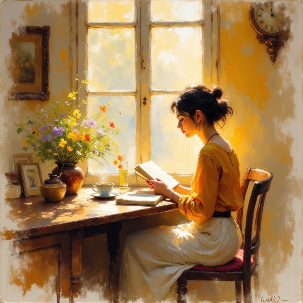 Cozy Cafe Scene: Person Reading in Golden Light