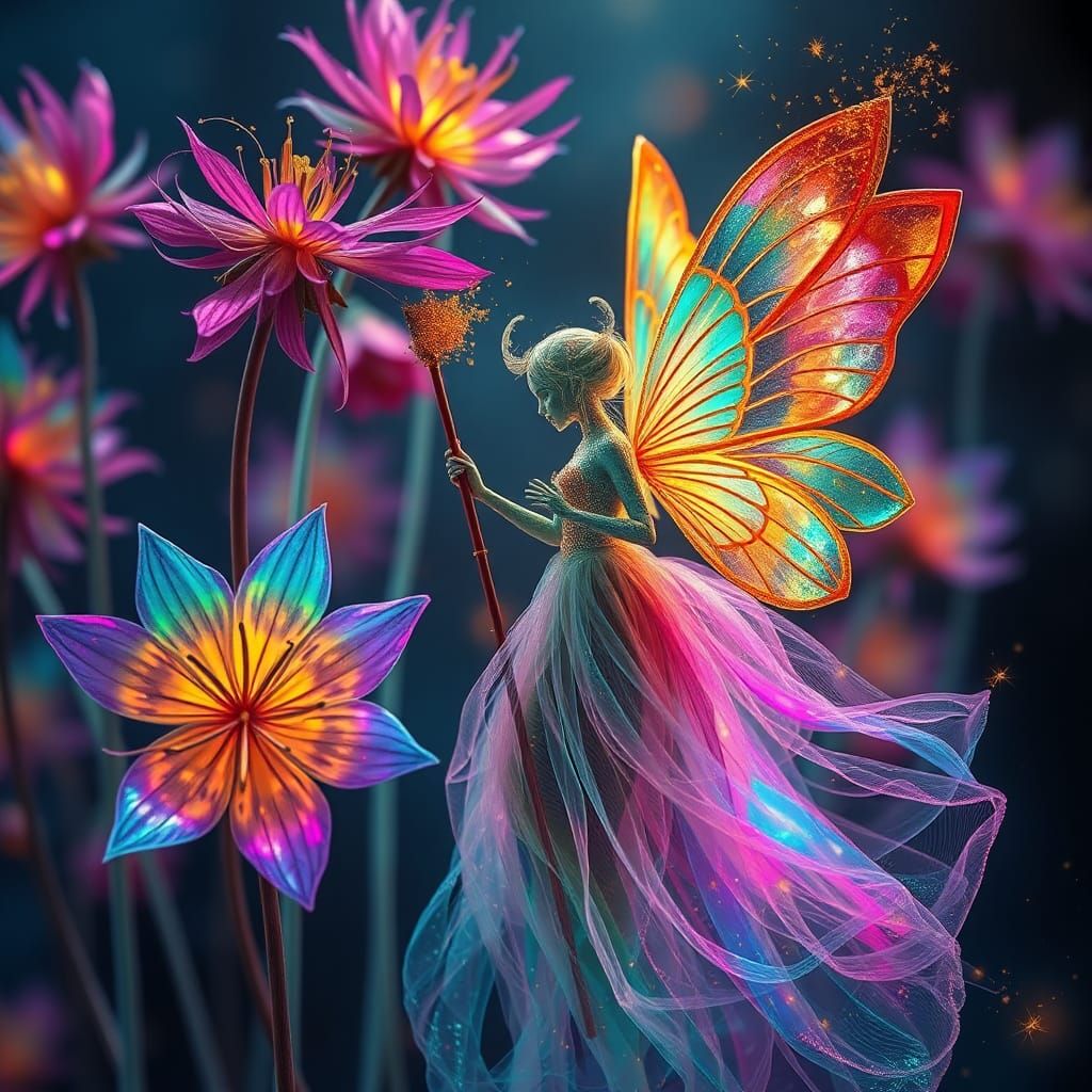 Rainbow Allium Blossoms with Fairy in Surrealist Style
