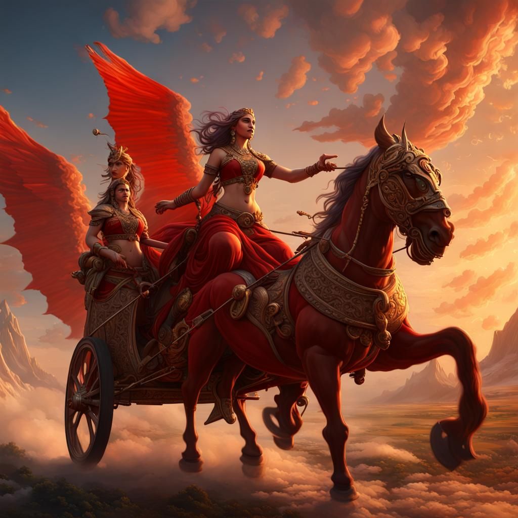 Ushas, Goddess of Dawn, Rides Chariot in Dark Fantasy Style