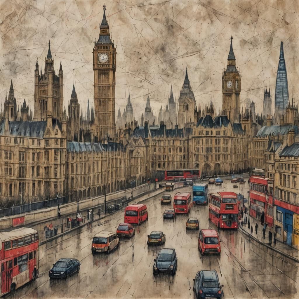 Colorful London Rainy Day in Grunge Style
