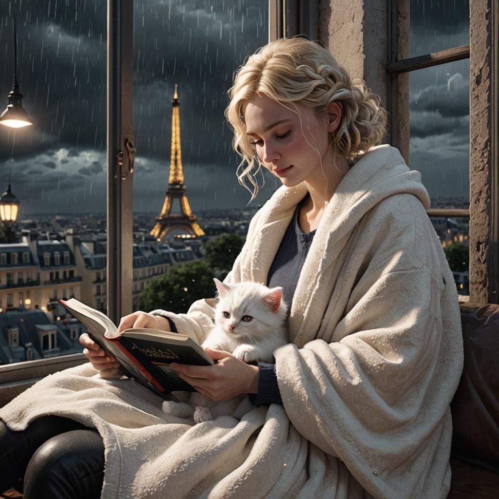 Girl and Kitten Reading During Paris Rainstorm