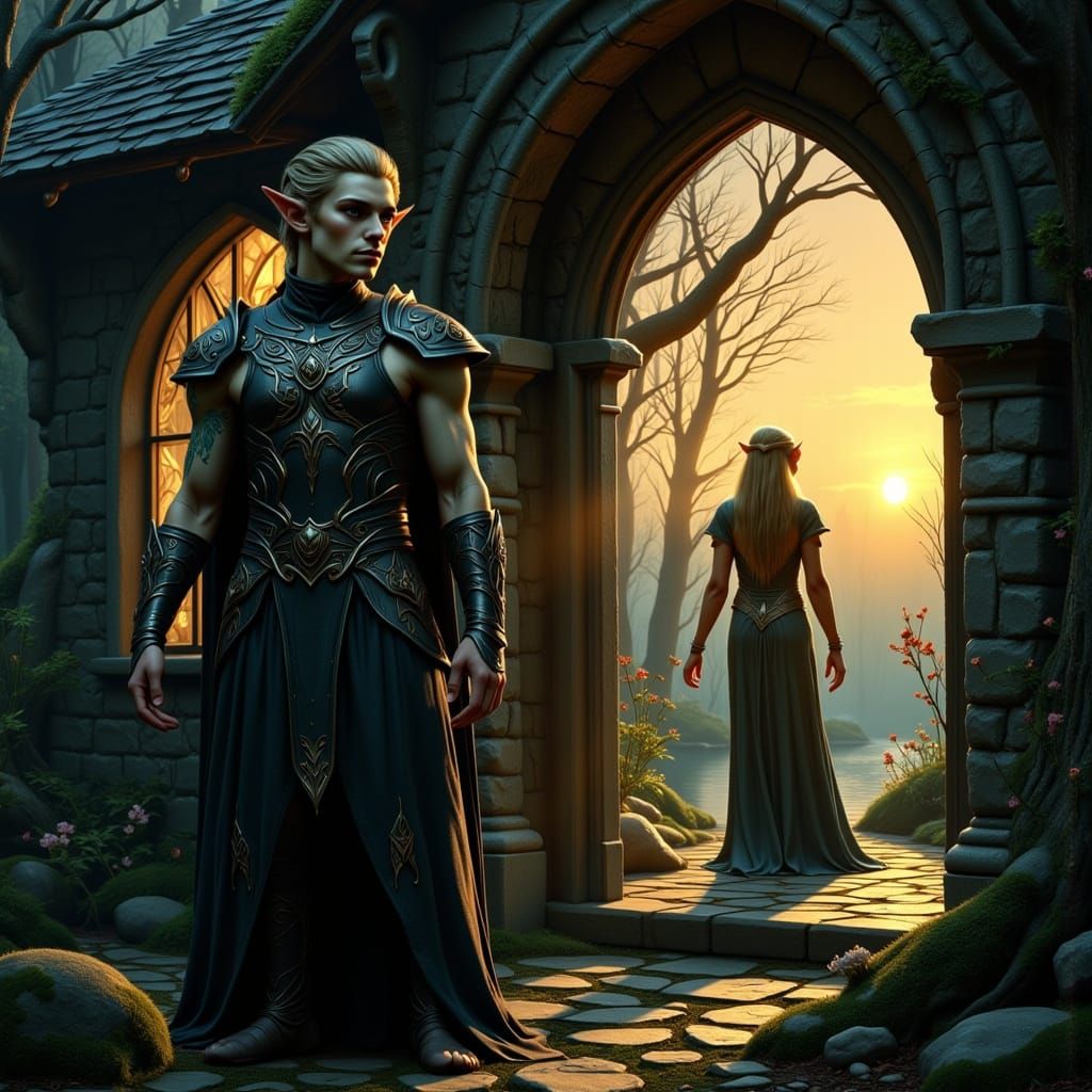 Dark Fantasy Elf Warrior at Cottage Threshold