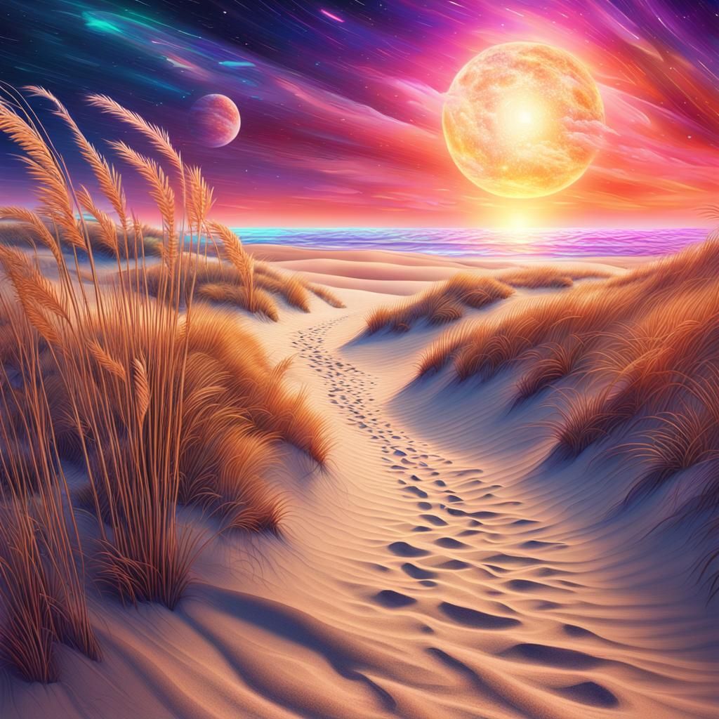 Peaceful Beach with Reeds: Holographic Astral Illustration